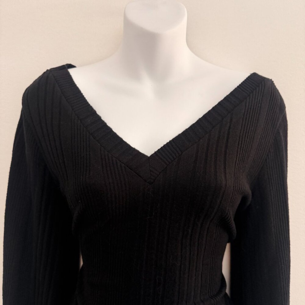 Black Ribbed Deep V Bell Sleeve Blouse | Size L - Picture 6 of 8